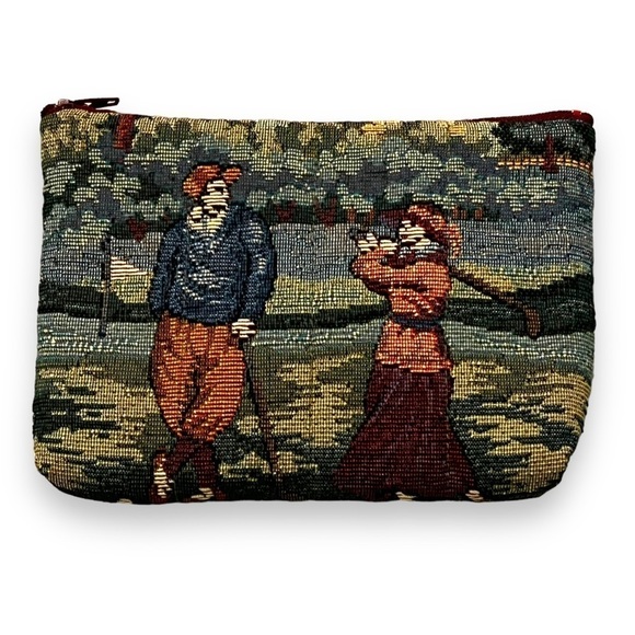 Vintage Tapestry Golfer Print zip Pouch Holdings Fine Accessories 5” x 7” - Picture 1 of 7